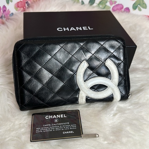 💯Authentic Calfskin Cambon Zip Around Organizer Wallet Black White 🍀 - Picture 8 of 17